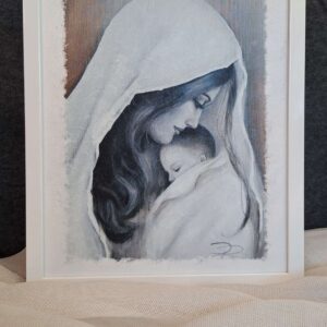 Obraz wykonany techniką decoupage Maryi z Dzieciątkiem, mono, w metalowej ramce, bez oszklenia, idealny na prezent ślubny, komunię, chrzest, bierzmowanie, inną okazję